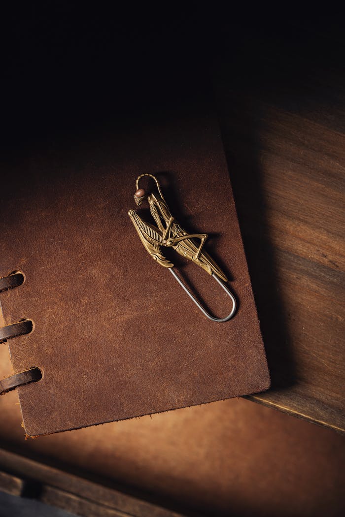 our-journey-03 Artistic mantis-shaped brass clip resting on a leather journal. Perfect for stationary lovers.