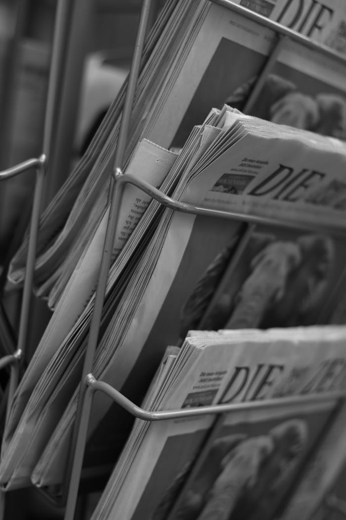 Monochrome image of newspapers in a wire stand, capturing simplicity.